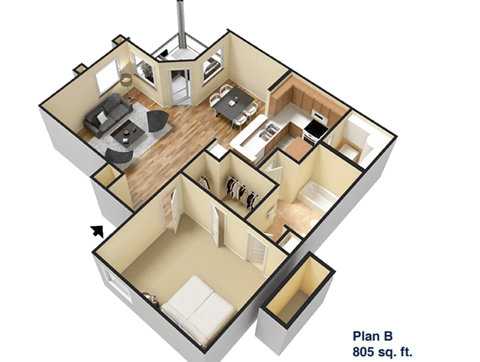 Floor plan for 1 bed, 1 bath, 805 sqft